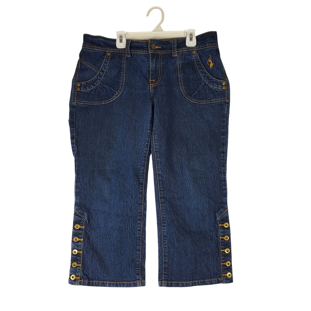 Baby Phat Women Dark Wash Cropped Denim Jeans Gold Button Detail Size 13 Capri